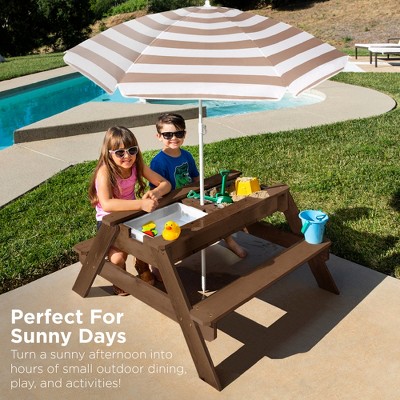 Walnut and Beige Wooden Convertible Kids Picnic Table with Umbrella
