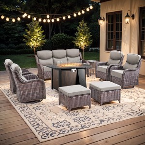 Buenhomino 9-Piece Patio Furniture Set with Fire Pit Table Wicker Rattan Patio Sectional Sofa Set Outdoor Seating Furniture with Thickened Cushion - 1 of 4