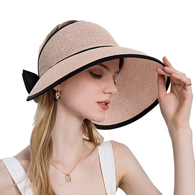 Anna-Kaci Womens Roll Up Straw Sun Visor Wide Brim Bow Detail Adjustable UV Protection Packable Summer Hat