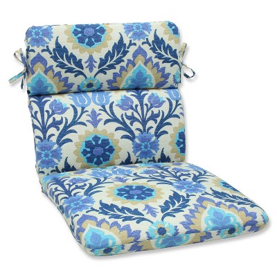 Pillow Perfect Damask Outdoor Rounded Corners Chair Cushion Blue/White