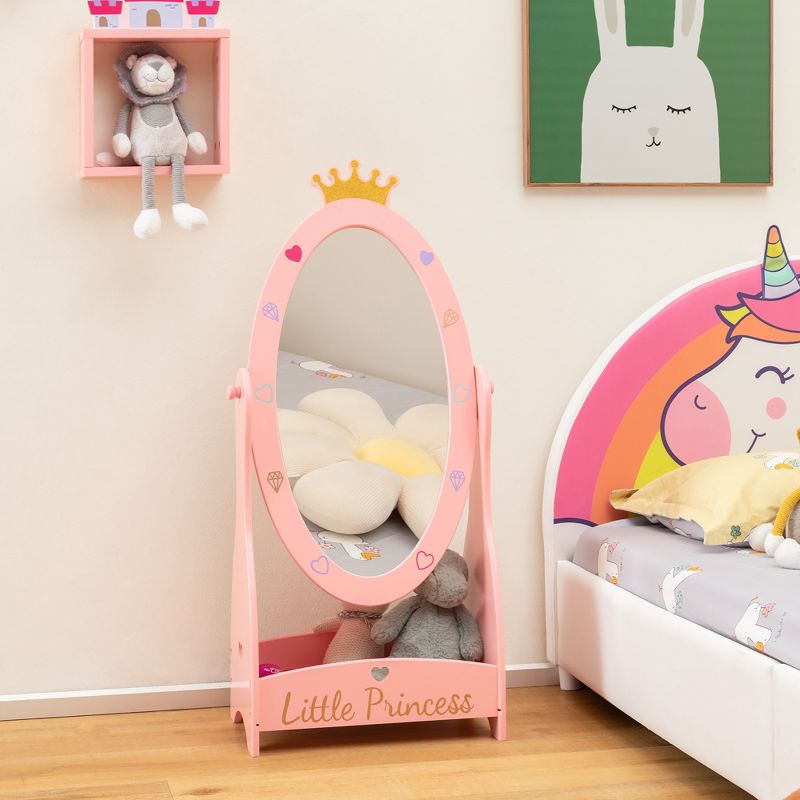 Costway Kids Full Length Mirror Free-Standing 360° Dressing Wooden Princess Storage Pink, 5 of 11