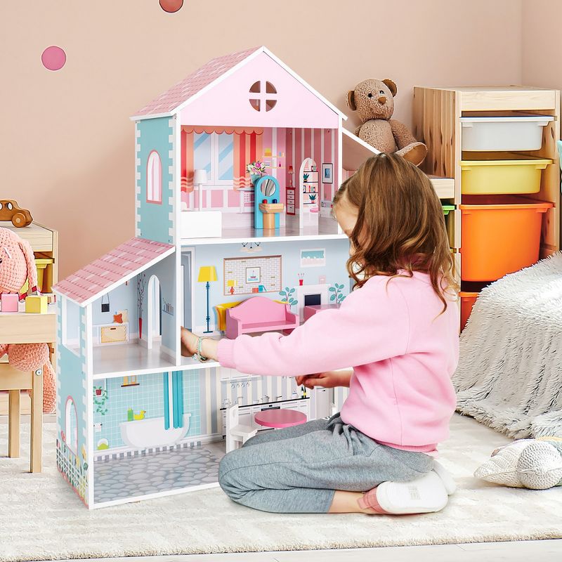 Costway Wooden Dollhouse For Kids 3-Tier Toddler Doll House W/Furniture Gift For Age 3+, 3 of 11
