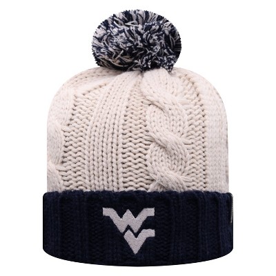 NCAA West Virginia Mountaineers Women's Natural Cable Knit Cuffed Beanie with Pom