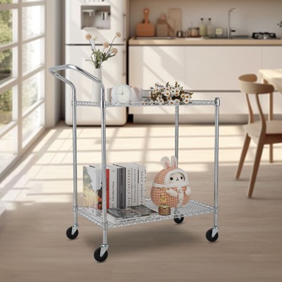 2-Tier/3-Tier Commercial Grade Utility Cart – Sturdy Wire Rolling Cart with Handle, Alloy Steel Shelf for Storage or Plant Display
