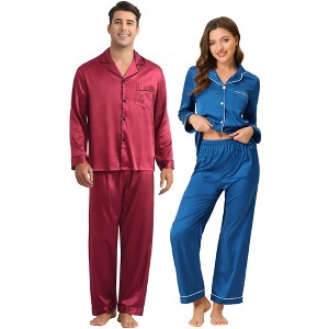 INSPIRE CHIC Couples Pajamas Sets Button Down Long Sleeve 2 Pack Satin Pajamas Sets - 1 of 4