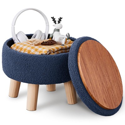 KTMBDW Storage Ottoman, Modern Round Footrest with Soft Padded Seat, Teddy Velvet Footstool with Wood Legs,Accent Small Table for Hallway, Living Room