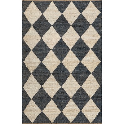 Charcoal and Beige Diamond Pattern Flat Woven Jute Rug, 8' x 10'