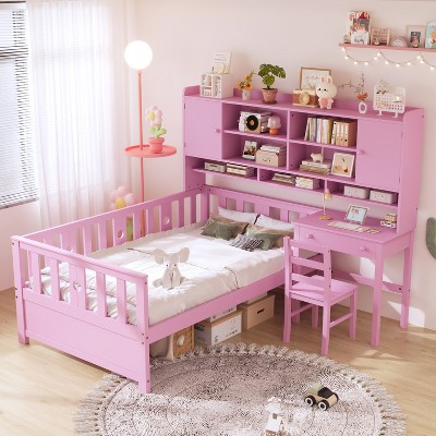 Twin Size Multifunctional Platform Bed with Built-in Desk, Matching Chair, and Bookshelf, White/Natural/Pink-ModernLuxe