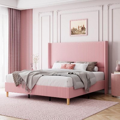 Whizmax Bed Frame, Upholstered Platform Velvet Bed Frame with Vertical Channel Tufted Wingback Headboard, No Box Spring Needed, Easy Assembly