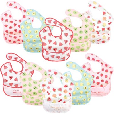 Hudson Baby Infant Girl Waterproof Polyester Bibs 10pk, Cute Fruit