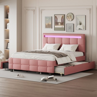 Queen Size Upholstered Platform Bed with LED Light, Twin XL Size Trundle and 2 Drawers, Beige/Dark Gray/Pink-ModernLuxe