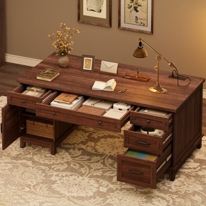 Garvee Executive Desk with Drawers, Farmhouse Home Office Desk with Charging Station, 60" Wooden Computer Writing Desk with File Cabinet Storage - 1 of 4
