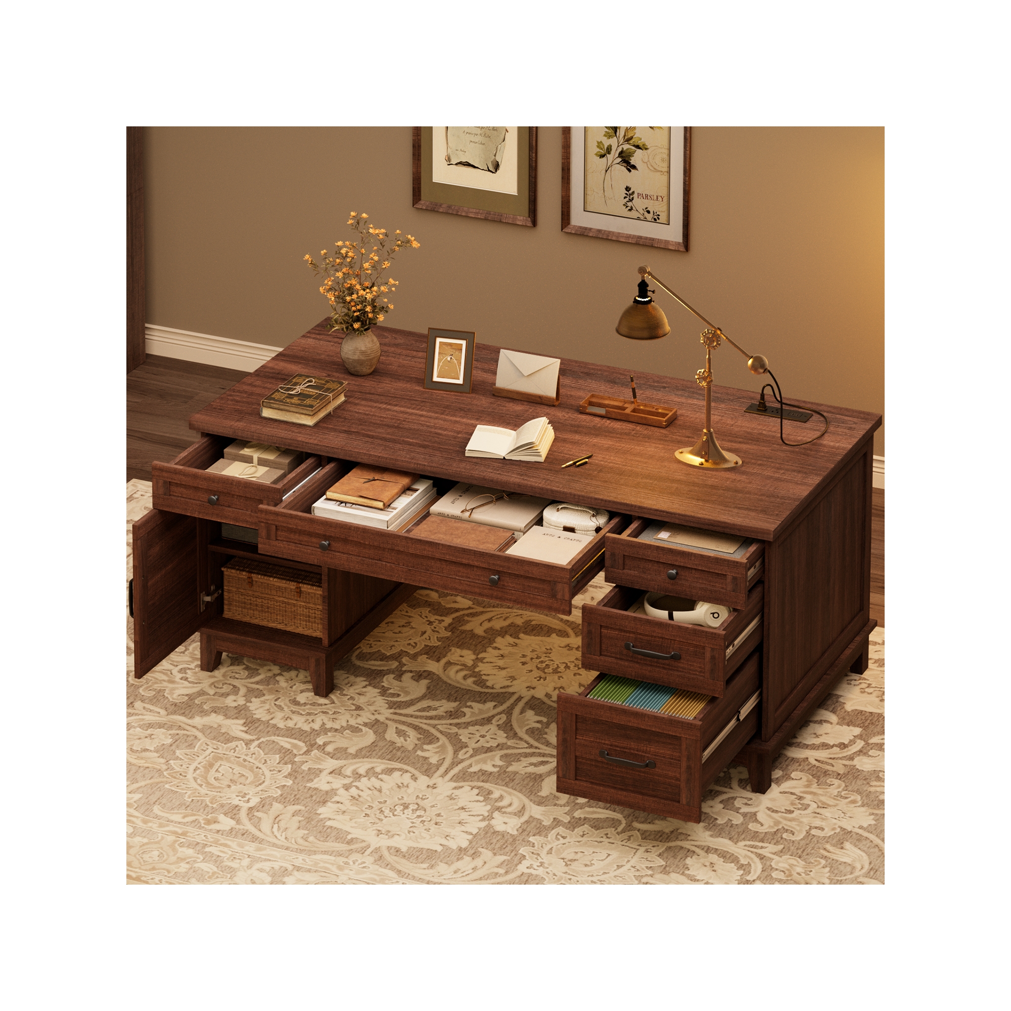 Garvee Executive Desk with Drawers, Farmhouse Home Office Desk with Charging Station, 60" Wooden Computer Writing Desk with File Cabinet Storage