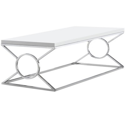 Glossy White Rectangular Wood and Chrome Metal Coffee Table