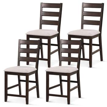 Tangkula 4PCS 24" Upholstered Bar Stools Rubber Wood Dining Chairs w/ High Back Beige & Brown
