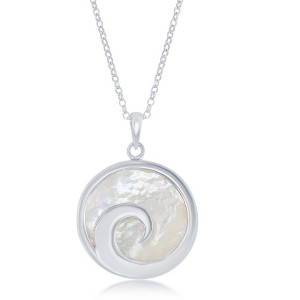 Bella Silver Sterling Silver Wave Design Round Mother of Pearl 18" Pendant Necklace  - White - 1 of 2
