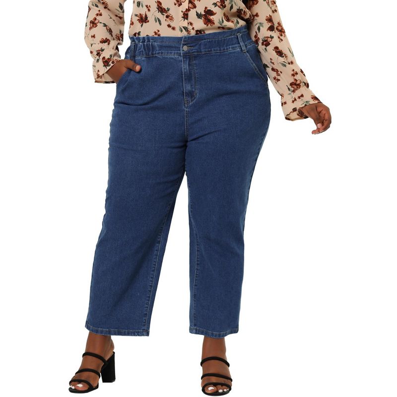 Agnes Orinda Women's Plus Size Pockets Zip Up Button Fly Elastic Waist Denim Jeans, 2 of 7