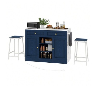 Kitchen Island Set With 2 Bar Stools & Power Outlets Kitchen Island With Storage And Marble Patterned Tabletop Kitchen Island Table
