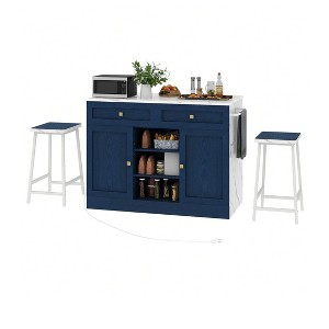 Kitchen Island Set With 2 Bar Stools & Power Outlets Kitchen Island With Storage And Marble Patterned Tabletop Kitchen Island Table - 1 of 4