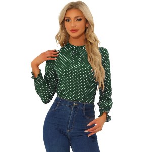 Allegra K Women's Smocked Cuffs Puff Sleeve Ruffled Neck Vintage Polka Dots Blouses - 1 of 4