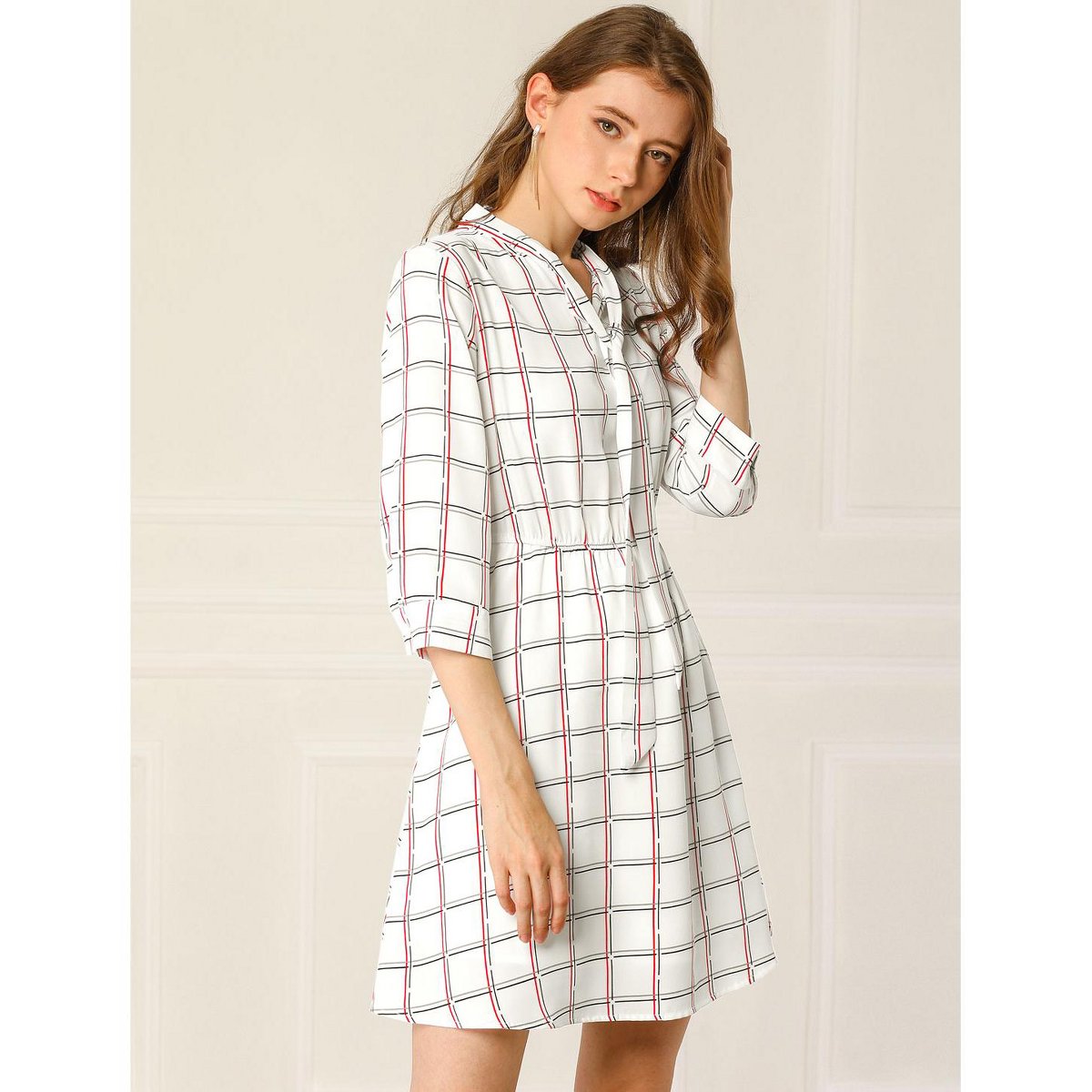 Женские платья INSPIRE CHIC Women's Plaid Tie Neck Puff Sleeve Dress White Medium — фото 4