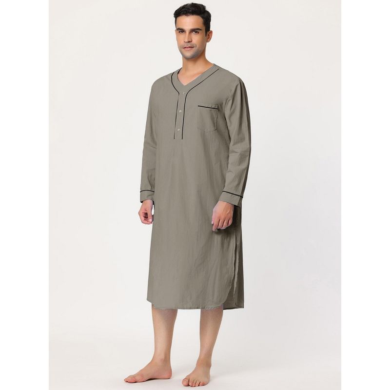 Lars Amadeus Men's Cotton Long Sleeves Chest Pocket Henley One Piece Nightgown, 3 of 6