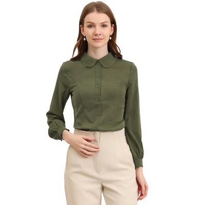 Allegra K Women's Work Peter Pan Collar Long Bishop Sleeve Button Down Shirt
