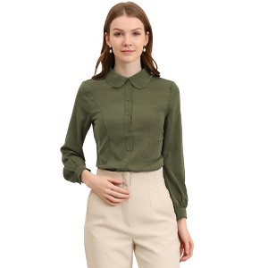 Allegra K Women's Work Peter Pan Collar Long Bishop Sleeve Button Down Shirt - 1 of 4