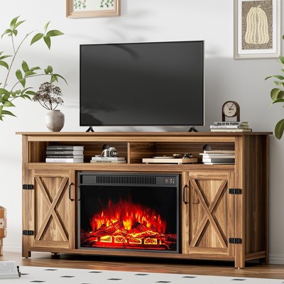 LACOO 59" Fireplaced TV Stand with  Open Storage and Bran Door