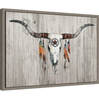 Rustic Longhorn Skull with Feathers Framed Canvas Art