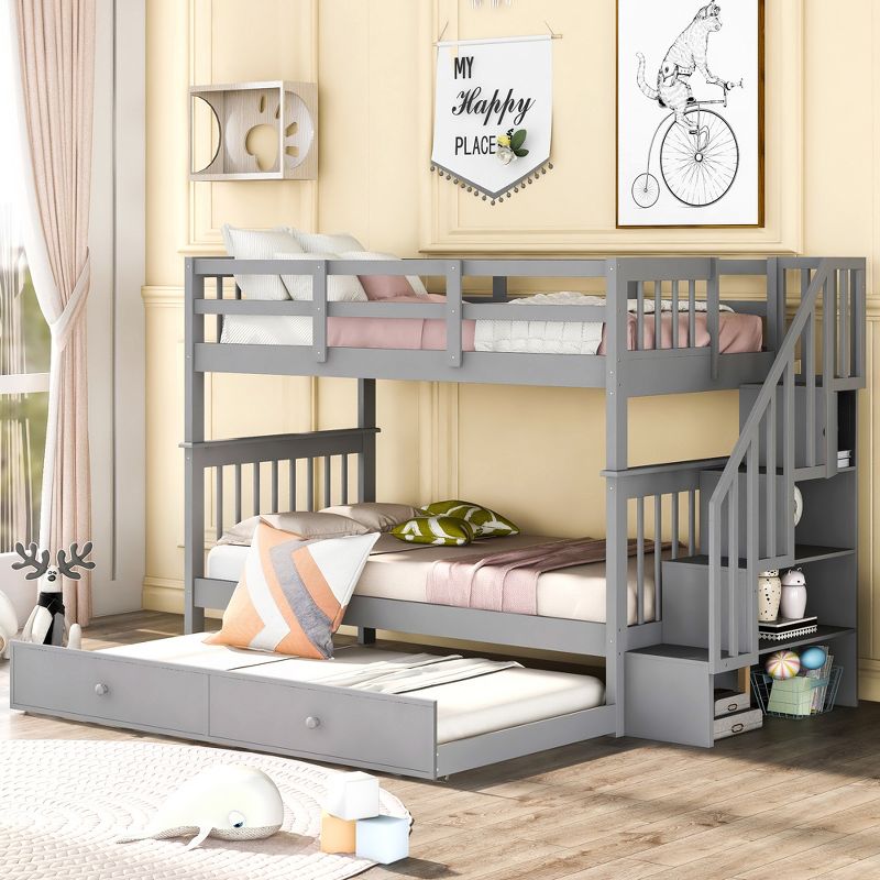 Twin-Over-Twin Bunk Bed with Twin Size Trundle and Storage Staircase 4W - ModernLuxe, 1 of 11
