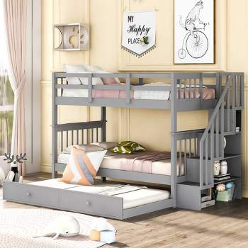Twin-Over-Twin Bunk Bed with Twin Size Trundle and Storage Staircase 4W - ModernLuxe