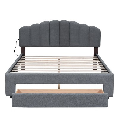 Queen Size Bed With Storage Drawers Headboard USB Ports Easy Assembly Teddy Fleece Platform Queen Bed Frames Upholstered