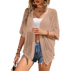 Coolmee Women's Short Sleeve Cardigans Summer Open Front Hollowed Out Shrug Sweaters Knit Sweater Tops Lightweight Cardigans S Red Apricot - 1 of 1