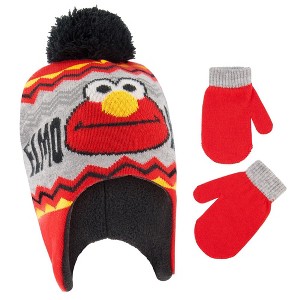 Elmo Boys Winter Beanie Hat and Mittens Set- Gray/Red (Age 2-4) - 1 of 2
