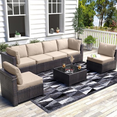 7 Piece Patio Furniture Set - PE Rattan Wicker Sectional Sofa with Cushions & Glass Coffee Table for Garden, Balcony, Porch, Backyard