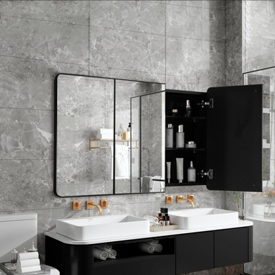 Matte Black Aluminum 3-Door Medicine Cabinet with Adjustable Glass Shelves