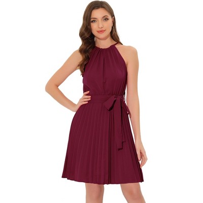 Allegra K Women's Summer Boho Sleeveless Halter Neck Belted Pleated Beach Sundresses