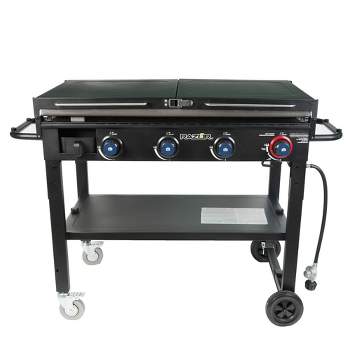 Razor Griddle 37 Inch Outdoor Steel 4 Burner Propane Gas Grill Griddle with Wheels and Top Cover Lid Folding Shelves for Home BBQ Cooking, Black