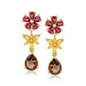 Ross-Simons 2.80 ct. t.w. Smoky Quartz and 2.00 ct. t.w. Rhodolite Garnet Flower Drop Earrings With .60 ct. t.w. Citrines in 18kt Gold Over Sterling - 1 of 3