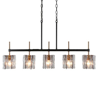LNC Echonalyri 5-Lights 35.4" Modern Linear Kitchen Island Pendant  Lights, Polished Gold and Matte Black with Smoked Gray Ribble Glass