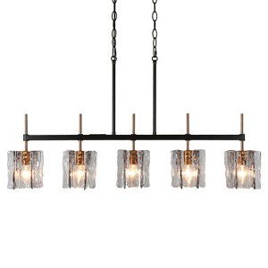LNC Echonalyri 5-Lights 35.4" Modern Linear Kitchen Island Pendant  Lights, Polished Gold and Matte Black with Smoked Gray Ribble Glass - 1 of 4