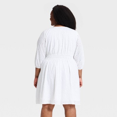 Women Plus Balloon 3/4 Sleeve Button-Front Short Flare A-Line Dress – Ava