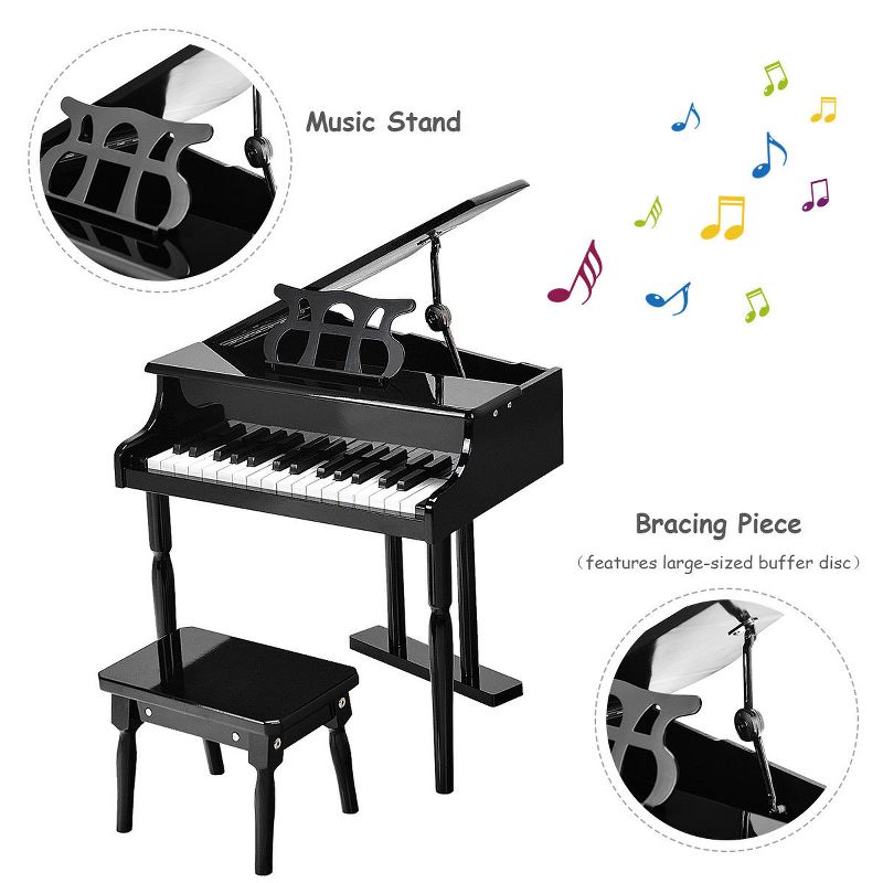 Costway Children 30 Key Toy Grand Baby Piano with Kids Bench Wood Black, 5 of 10
