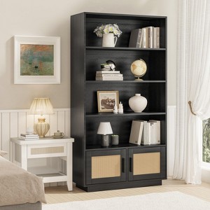 5 Tier Bookself, Boho Bookcase with Rattan Doors, Wooden Bookcase and Bookshelf with Storage, Tall Book Stand - 1 of 4