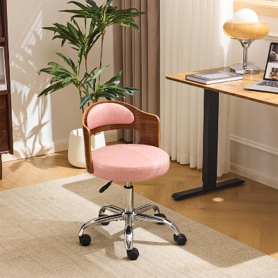 VINGLI Armless Office Desk Chair,,Dual-Use with/no Wheels,Small Adjustable Swivel Walnut Curved Task Chair for Study Area,Workspace,PU