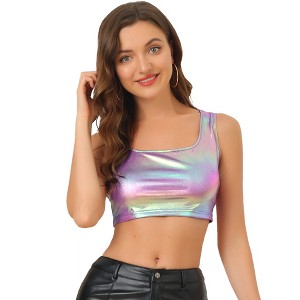 INSPIRE CHIC Women's U Neck Sleeveless Party Clubwear Shiny Metallic Crop Tank Tops - 1 of 4