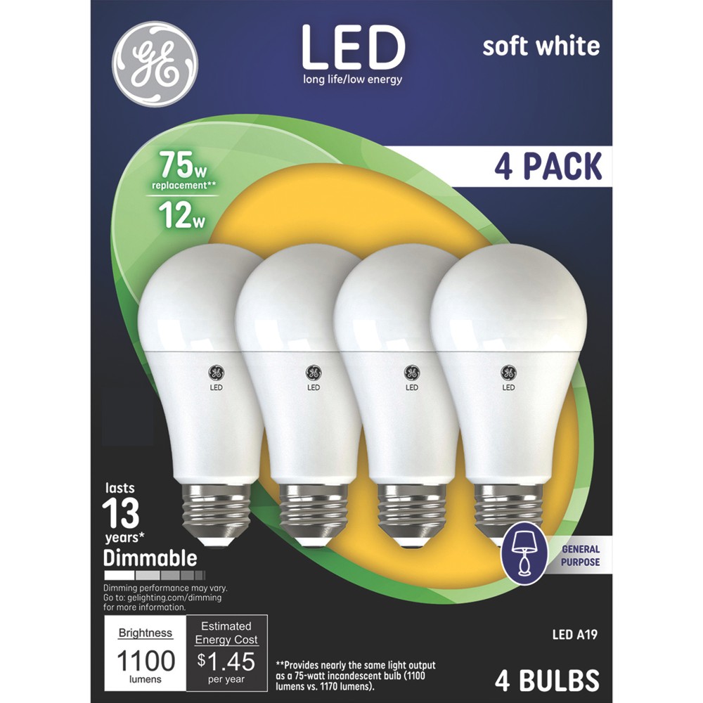 Photos - Light Bulb General Electric GE 4pk 75W A19 LED  Soft White: Dimmable, 1100 Lumens, Energy Star Certified, E26 Base, 2700K, 13.7-Year Life 