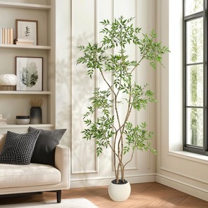 Artificial Plants Indoor, Tall Faux Floor Plant in Pot, Nandina Artificial Tree with White Planter - 1 of 4