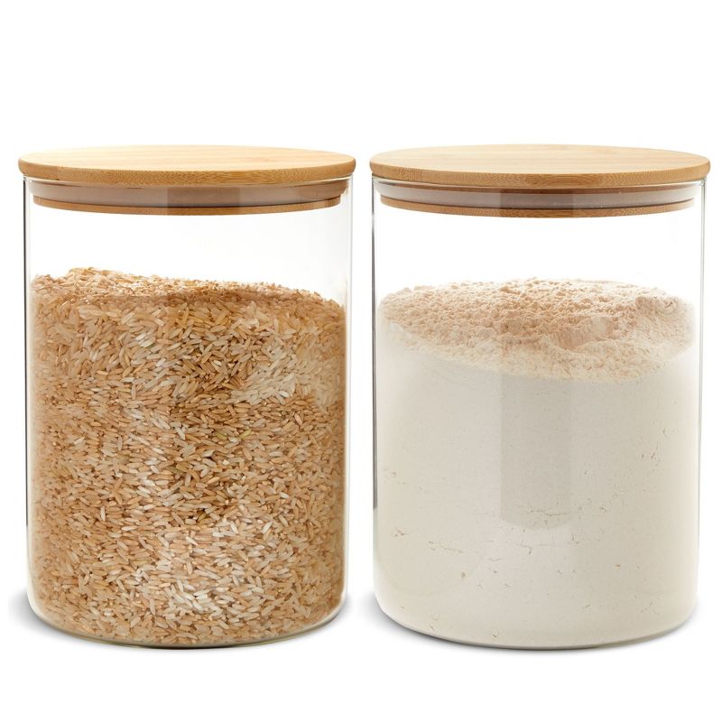 Juvale 2 Pack Large Bamboo Glass Storage Containers with Lids, 100 Oz Glass Jars, Pantry Storage Containers, 1 of 10